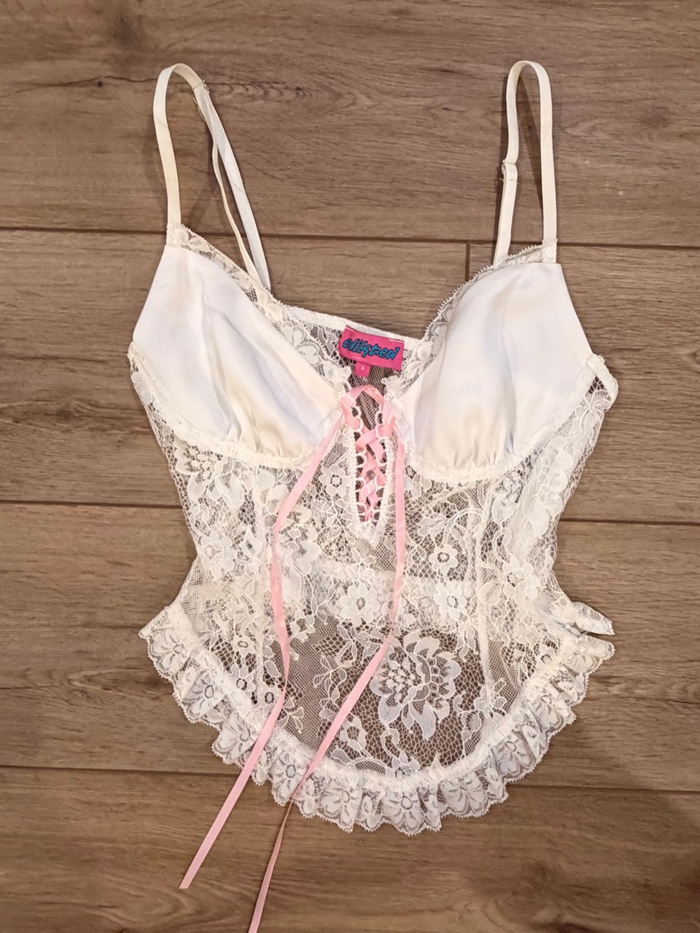 Edikted White Lace Bustier with Pink Ribbon